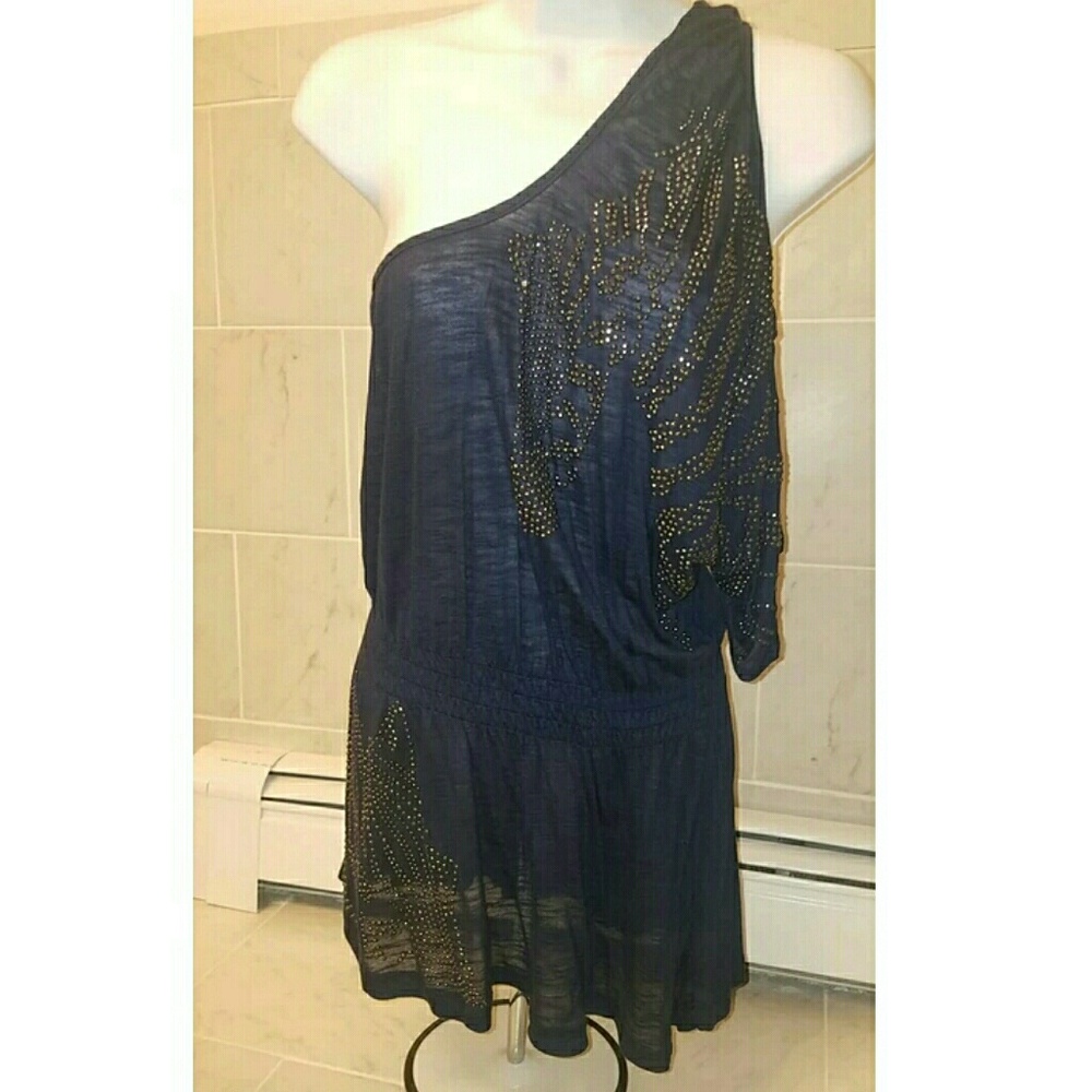 Jeweled Zebra One Shoulder Top - Navy